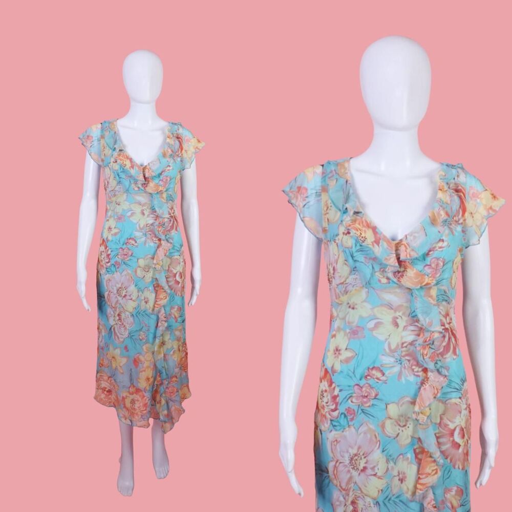 Y2K CDC Blue CRINKLE RUFFLE Dress W/Floral Print & Flutter Sleeves. Medium